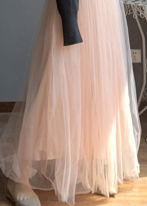 Loose Pink Elastic Waist Tulle Maxi Skirts