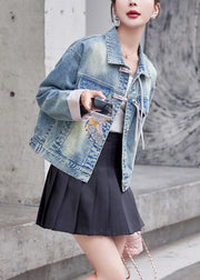 Loose Pink Embroidered Button Denim Coat Long Sleeve