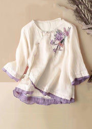 Loose Pink Embroidered Button Patchwork Cotton Shirts Spring