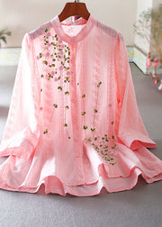 Loose Pink Embroidered Cotton Blouse Top Spring