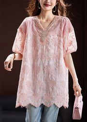 Loose Pink Embroidered Nail Bead Cotton Top Summer