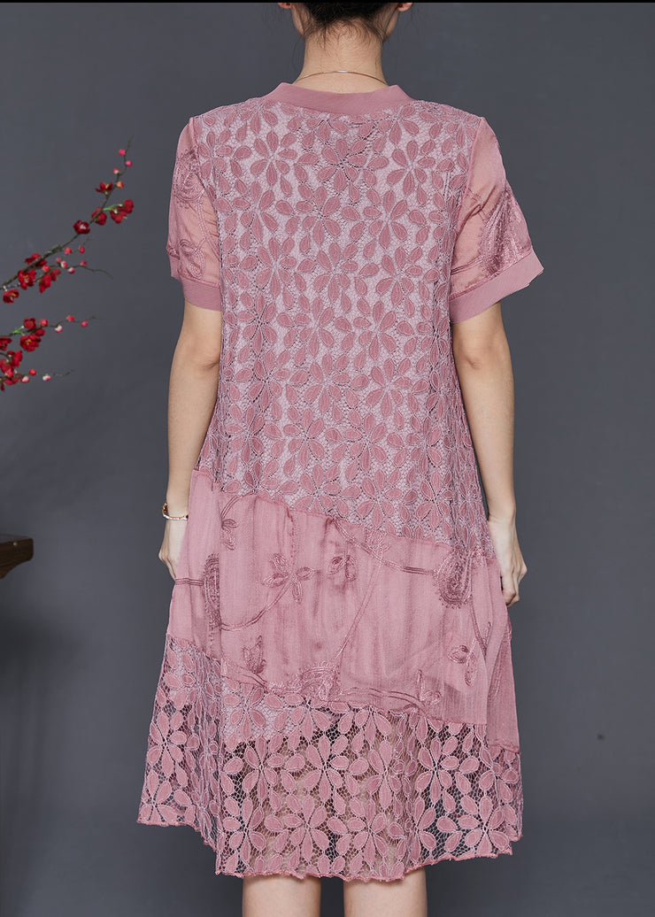 Loose Pink Embroidered Patchwork Lace Dress Summer