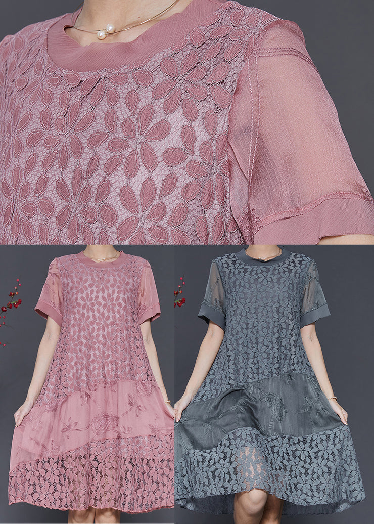 Loose Pink Embroidered Patchwork Lace Dress Summer