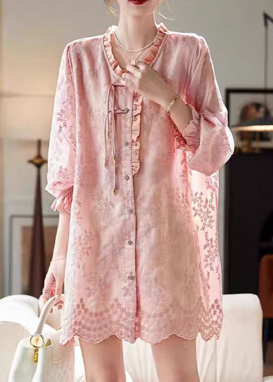 Loose Pink Embroidered Ruffled Button Cotton Shirts Dress Butterfly Sleeve