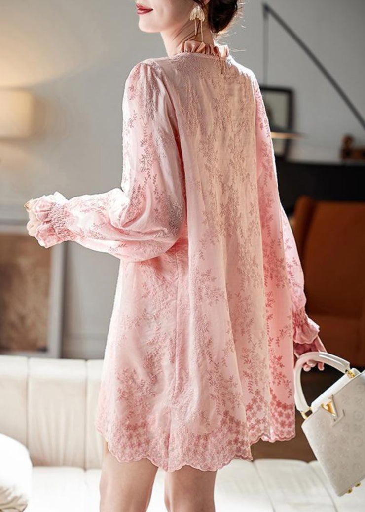 Loose Pink Embroidered Ruffled Button Cotton Shirts Dress Butterfly Sleeve