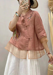 Loose Pink Embroideried Button Cotton Blouses Summer