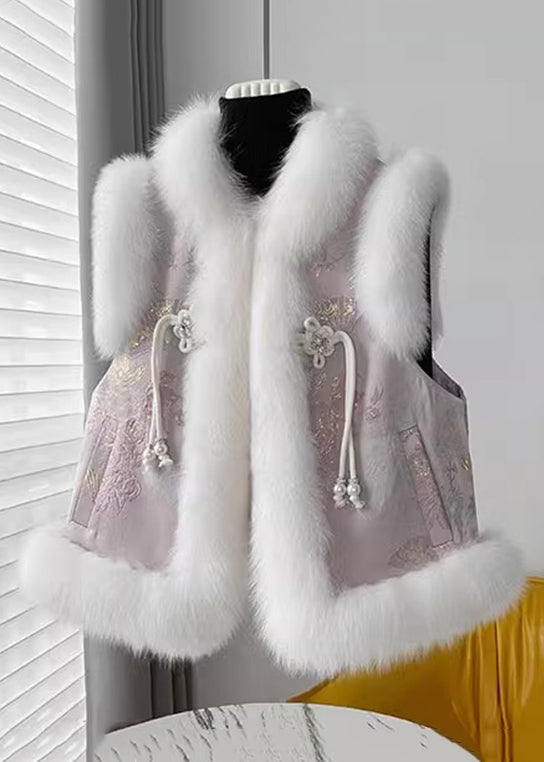 Loose Pink Fur Collar Patchwork Cotton Filled Waistcoat Sleeveless