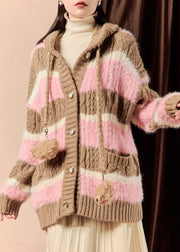 Loose Pink Hooded Striped Button Cotton Knit Coats Winter