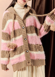 Loose Pink Hooded Striped Button Cotton Knit Coats Winter