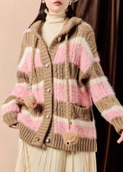 Loose Pink Hooded Striped Button Cotton Knit Coats Winter