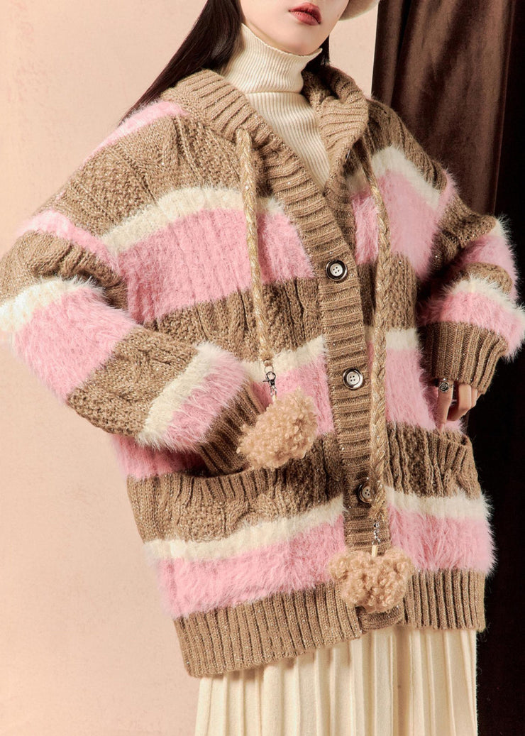 Loose Pink Hooded Striped Button Cotton Knit Coats Winter