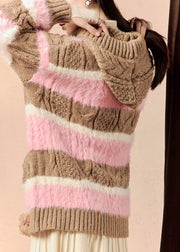 Loose Pink Hooded Striped Button Cotton Knit Coats Winter