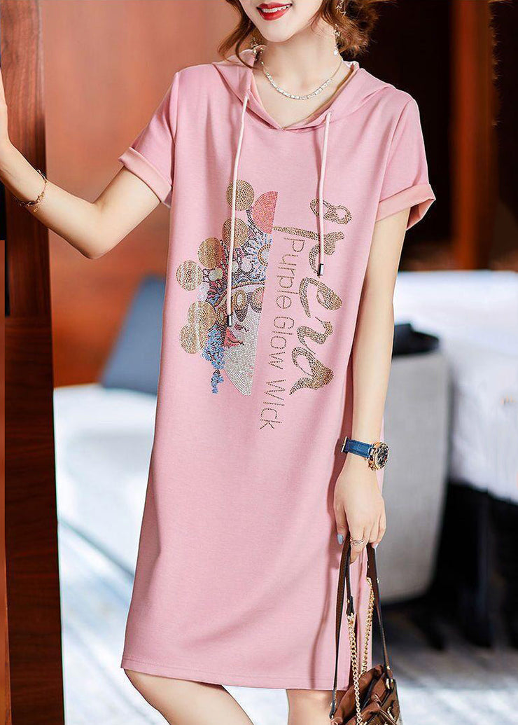 Loose Pink Hooded Zircon Patchwork Cotton Dresses Summer