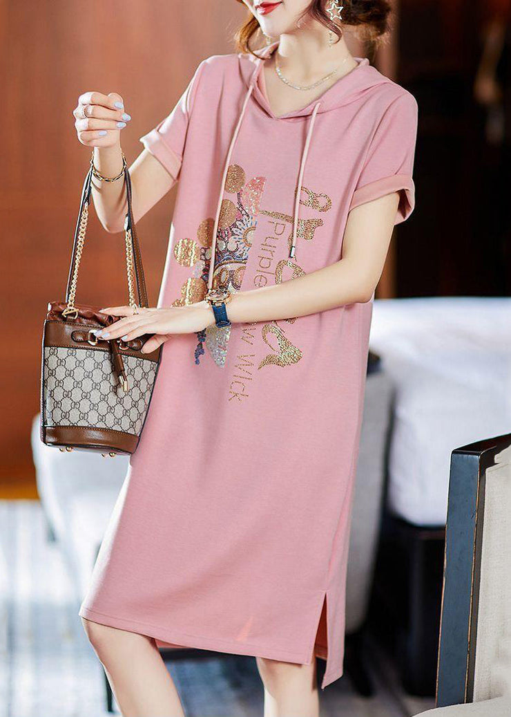 Loose Pink Hooded Zircon Patchwork Cotton Dresses Summer