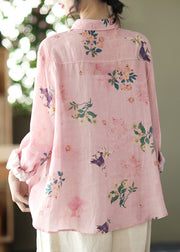 Loose Pink Low High Design Linen Shirt Long Sleeve