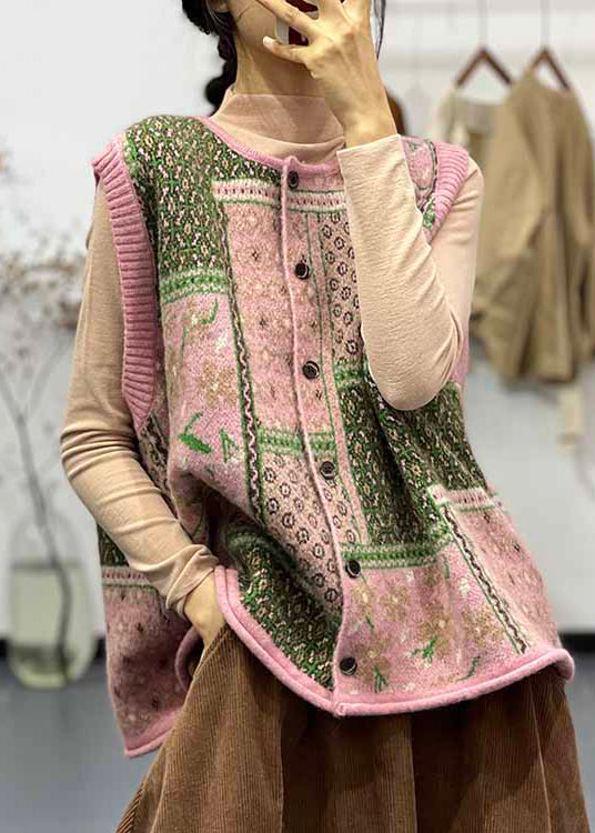 Loose Pink O Neck Button Cotton Knit Waistcoat Sleeveless