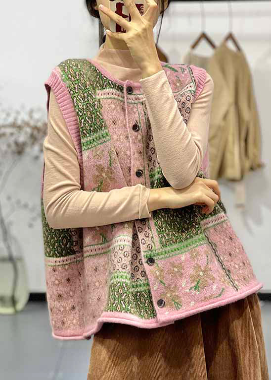 Loose Pink O Neck Button Cotton Knit Waistcoat Sleeveless