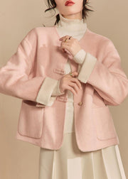 Loose Pink O Neck Button Pockets Woolen Coat Winter