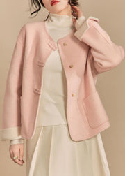 Loose Pink O Neck Button Pockets Woolen Coat Winter