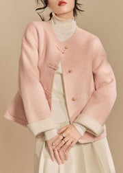 Loose Pink O Neck Button Pockets Woolen Coat Winter