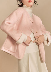 Loose Pink O Neck Button Pockets Woolen Coat Winter