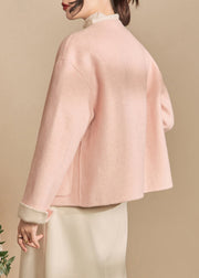 Loose Pink O Neck Button Pockets Woolen Coat Winter