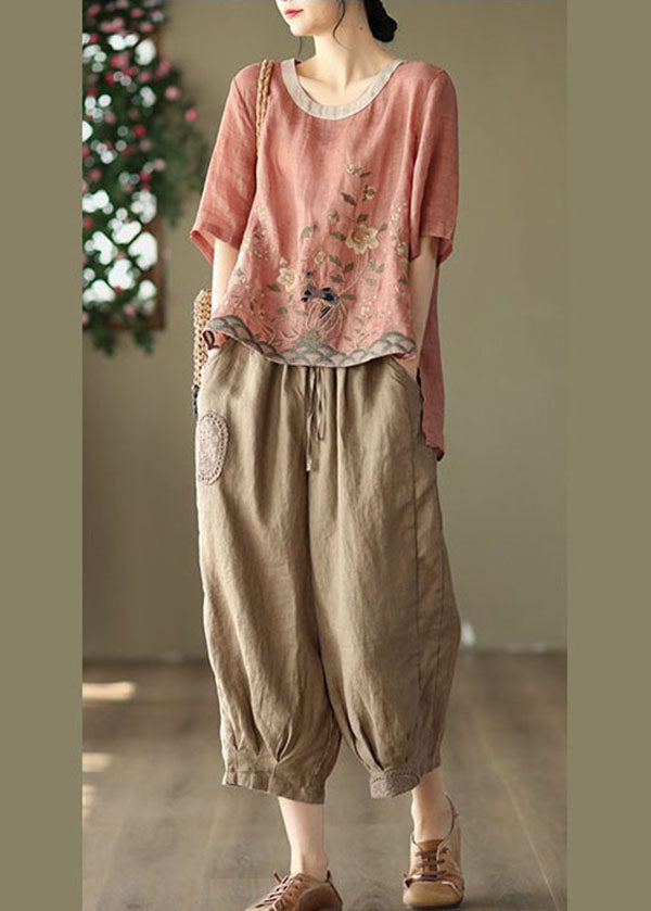 Loose Pink O-Neck Embroideried Linen Tanks Short Sleeve