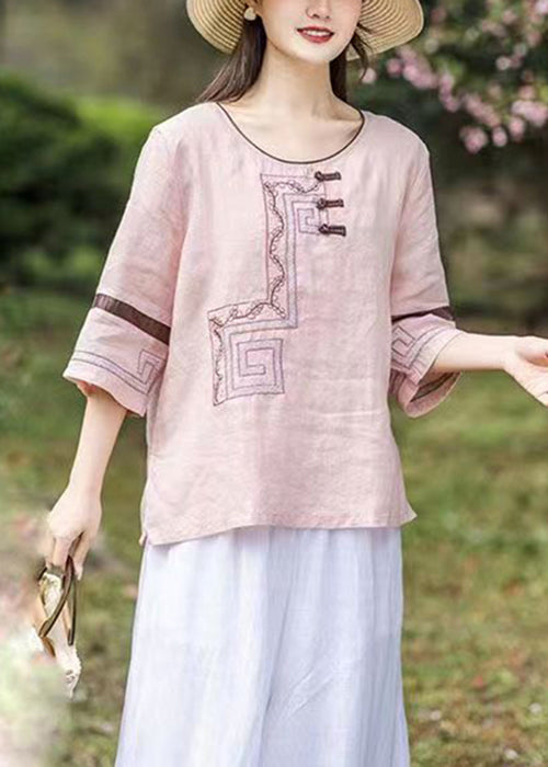 Loose Pink O-Neck Embroideried Patchwork Linen T Shirts Bracelet Sleeve