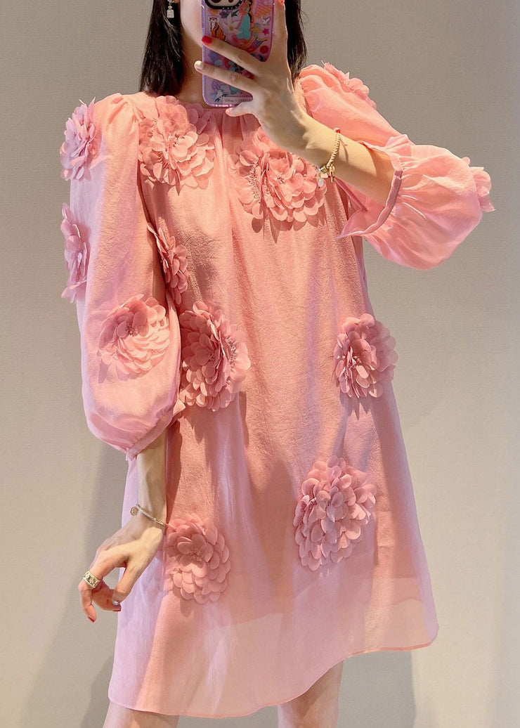 Loose Pink O-Neck Floral Mid Dress Long Sleeve