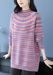 Loose Pink O Neck Jacquard Woolen Sweater Dress Winter