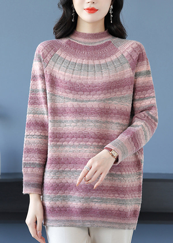 Loose Pink O Neck Jacquard Woolen Sweater Dress Winter