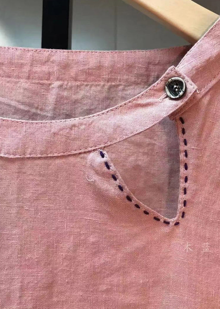 Loose Pink O Neck Pockets Patchwork Linen Top Fall