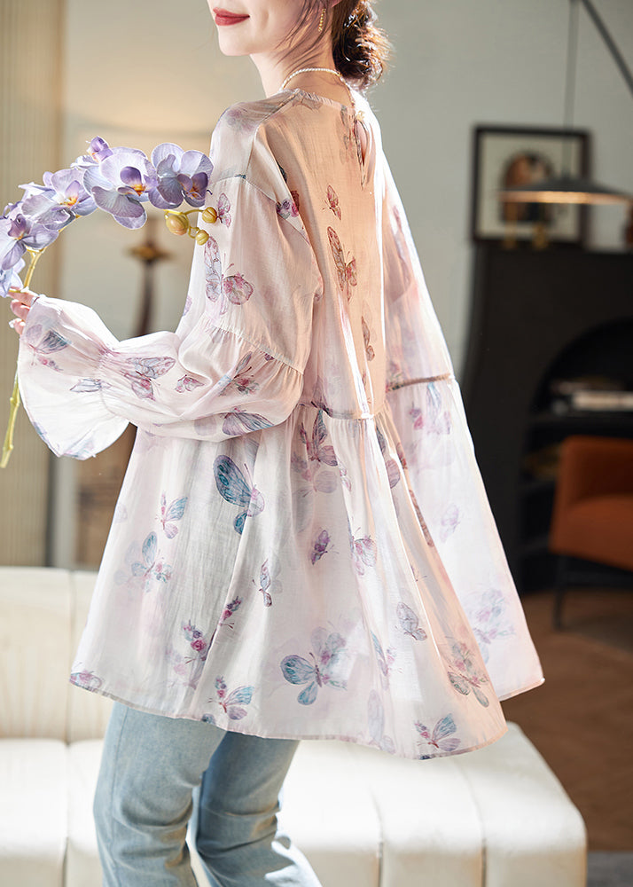 Loose Pink O Neck Print Shirt Long Sleeve