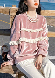 Loose Pink O-Neck Ruffled Silk Velour T Shirts Spring