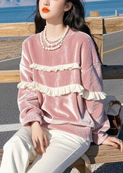 Loose Pink O-Neck Ruffled Silk Velour T Shirts Spring