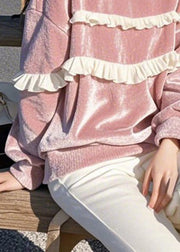 Loose Pink O-Neck Ruffled Silk Velour T Shirts Spring