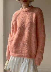 Loose Pink O-Neck Solid Fluffy Sweaters Spring