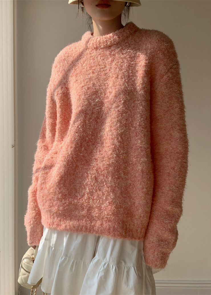 Loose Pink O-Neck Solid Fluffy Sweaters Spring