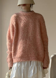 Loose Pink O-Neck Solid Fluffy Sweaters Winter