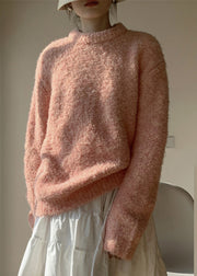 Loose Pink O-Neck Solid Fluffy Sweaters Spring