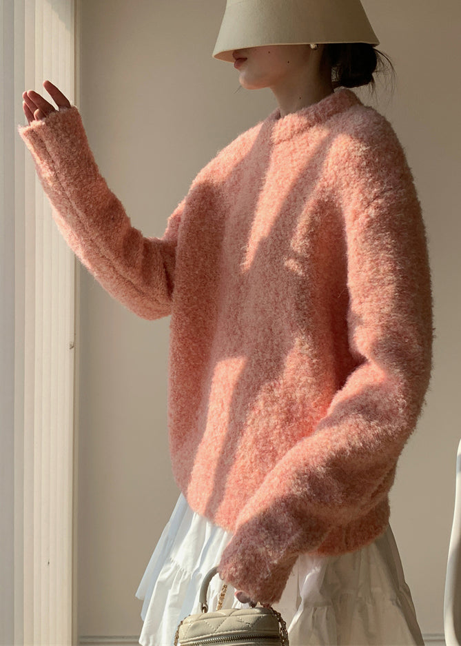 Loose Pink O-Neck Solid Fluffy Sweaters Spring