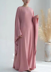 Loose Pink O Neck Solid Ice Silk Maxi Dresses Batwing Sleeve