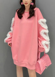 Loose Pink O Neck Tulle Patchwork Cotton Sweatshirt Long Sleeve