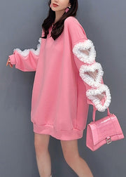 Loose Pink O Neck Tulle Patchwork Cotton Sweatshirt Long Sleeve