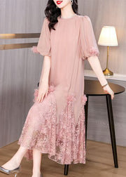 Loose Pink Pearl Button Lace Patchwork Long Dress Summer