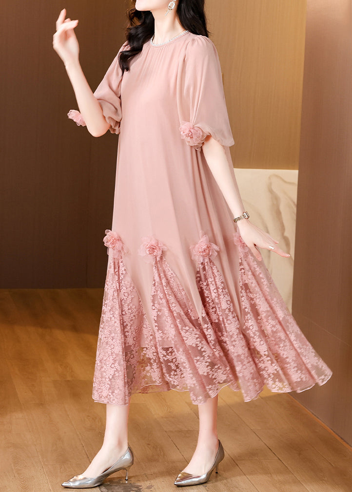 Loose Pink Pearl Button Lace Patchwork Long Dress Summer