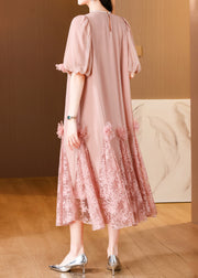 Loose Pink Pearl Button Lace Patchwork Long Dress Summer