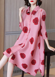 Loose Pink Peter Pan Collar Print Button Shirt Dresses Long Sleeve