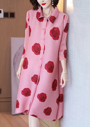 Loose Pink Peter Pan Collar Print Button Shirt Dresses Long Sleeve