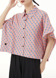 Loose Pink Peter Pan Collar Print Patchwork Cotton Shirt Summer